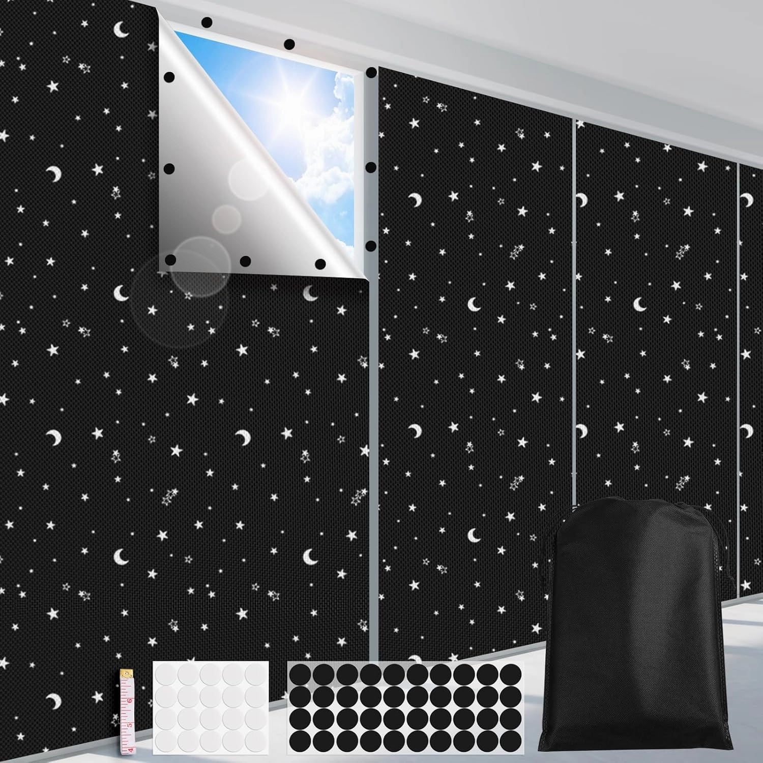 100% Blackout Blinds 157" x 57" Blackout Window Cover Travel Black Out Curtains for Baby Nursery Bedroom Dorm Room Windows Temporary Black Out Shades for Night Shift Worker Traveler Black&Star