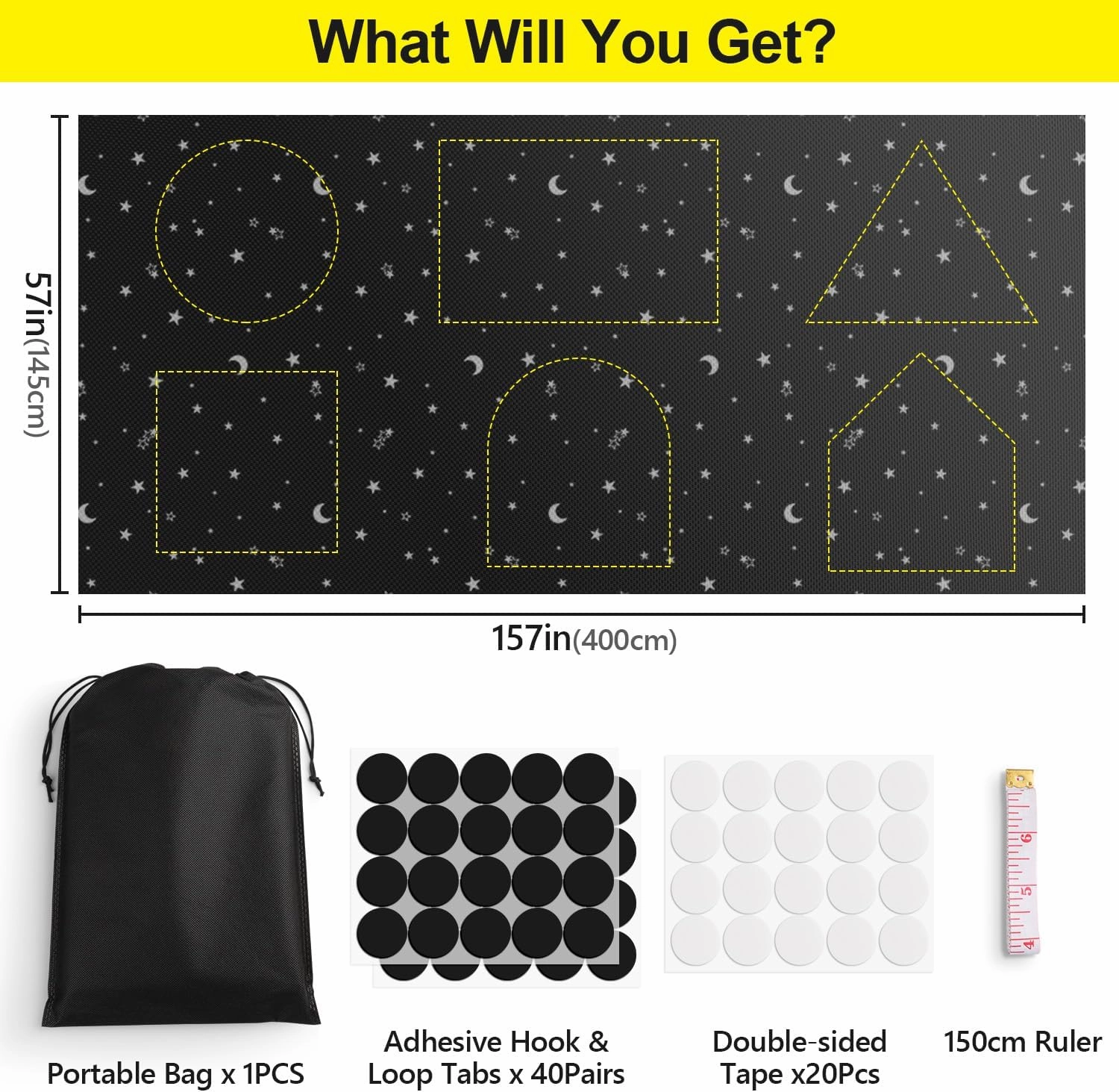 100% Blackout Blinds 157" x 57" Blackout Window Cover Travel Black Out Curtains for Baby Nursery Bedroom Dorm Room Windows Temporary Black Out Shades for Night Shift Worker Traveler Black&Star