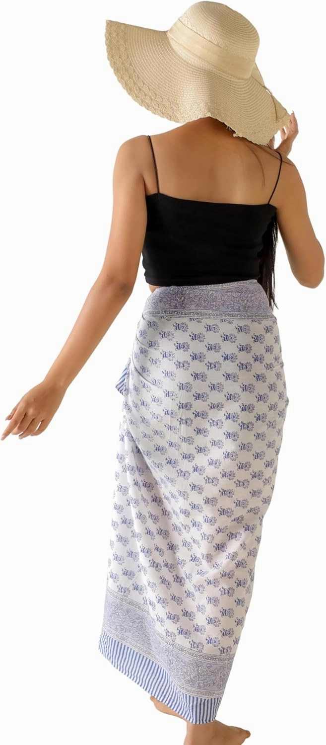 100% Cotton Sarong Coverup for Women Indian Hand Block Print Swimsuit Pareo Wrap Skirt Beach Bikini Cover Up Long (73" x 43")