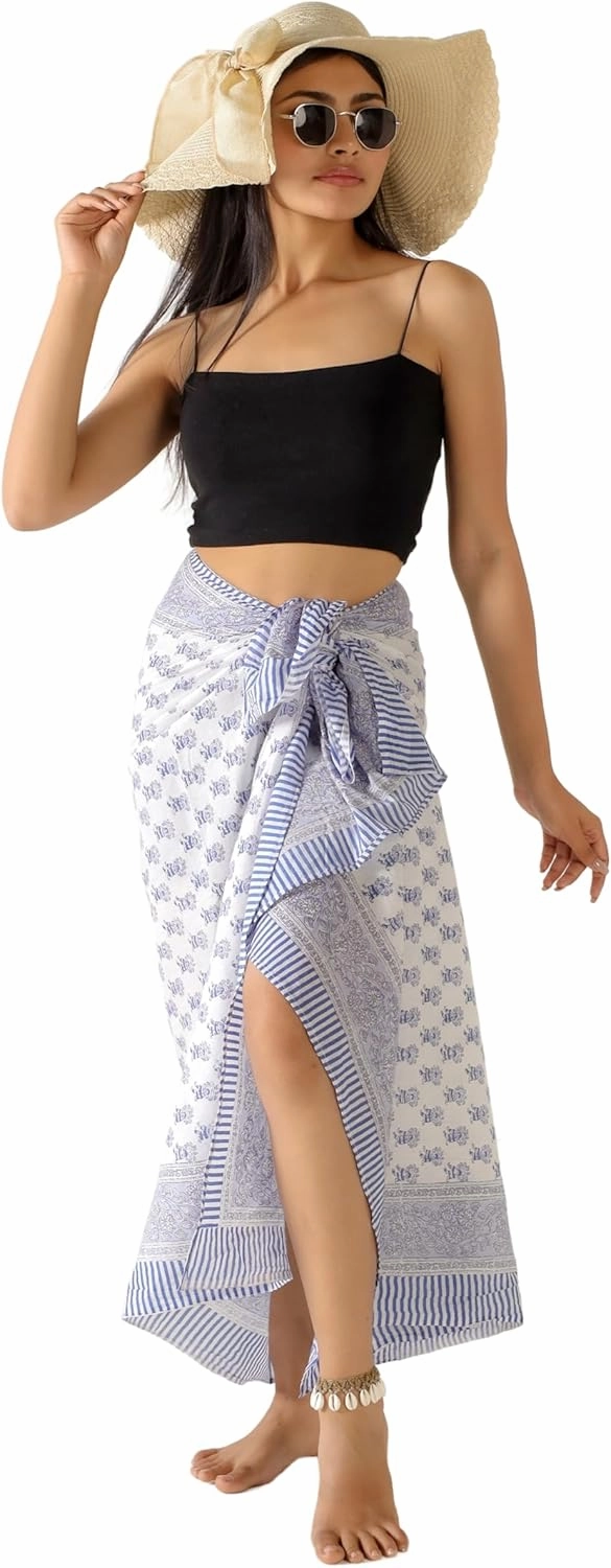 100% Cotton Sarong Coverup for Women Indian Hand Block Print Swimsuit Pareo Wrap Skirt Beach Bikini Cover Up Long (73" x 43")