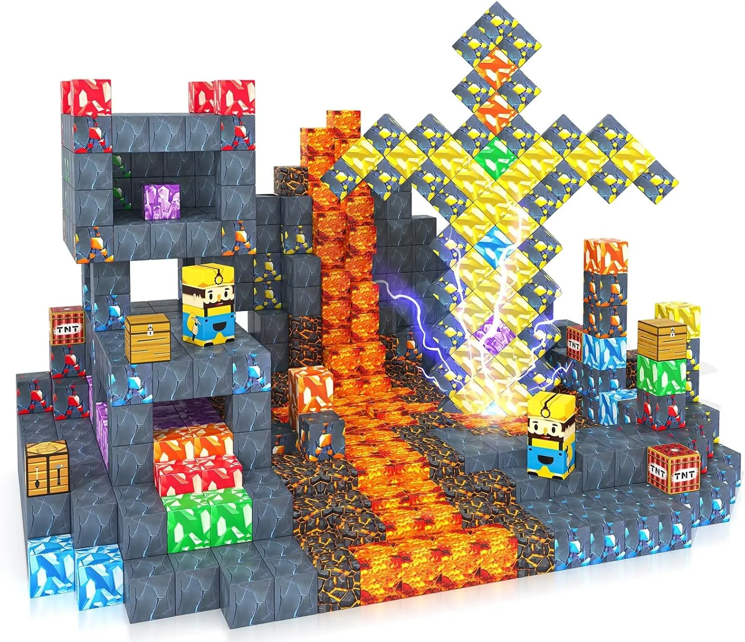100PCS Magnetic Blocks - Build Mine Magnet World Mine Sword Adventure Set, Building Toys Classroom Must Haves Learning Sensory Toys for 3 4 5 6 7 8 Toddlers Kids Games Birthday Gifts for Boys & Girls