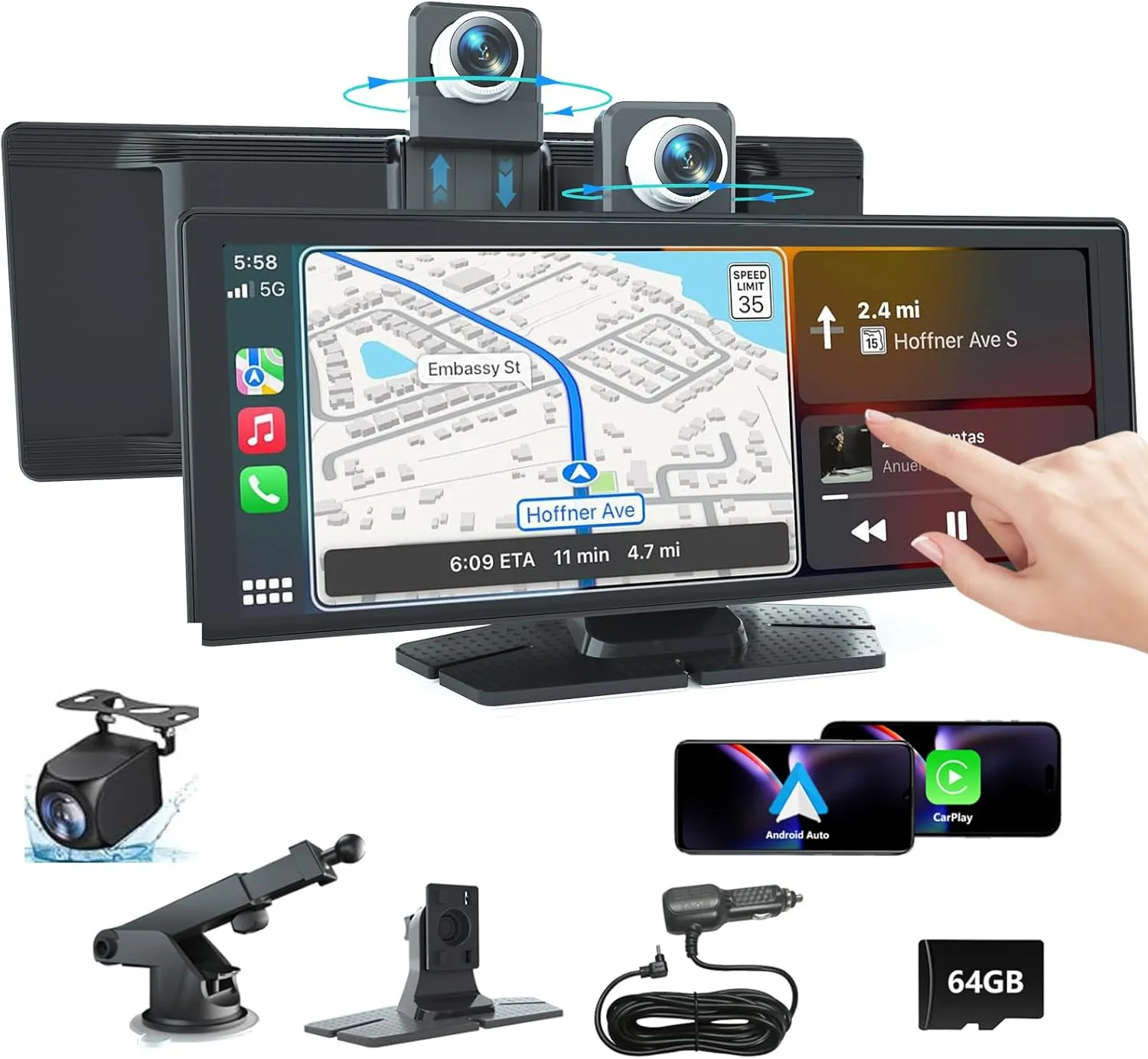 10.26" HD Carplay Screen for Car, Portable Wireless Apple Android Auto Carplay Stereo Car Audio Receivers with Voice Control, Backup Camera, Mirror Link, Bluetooth, GPS Navigation