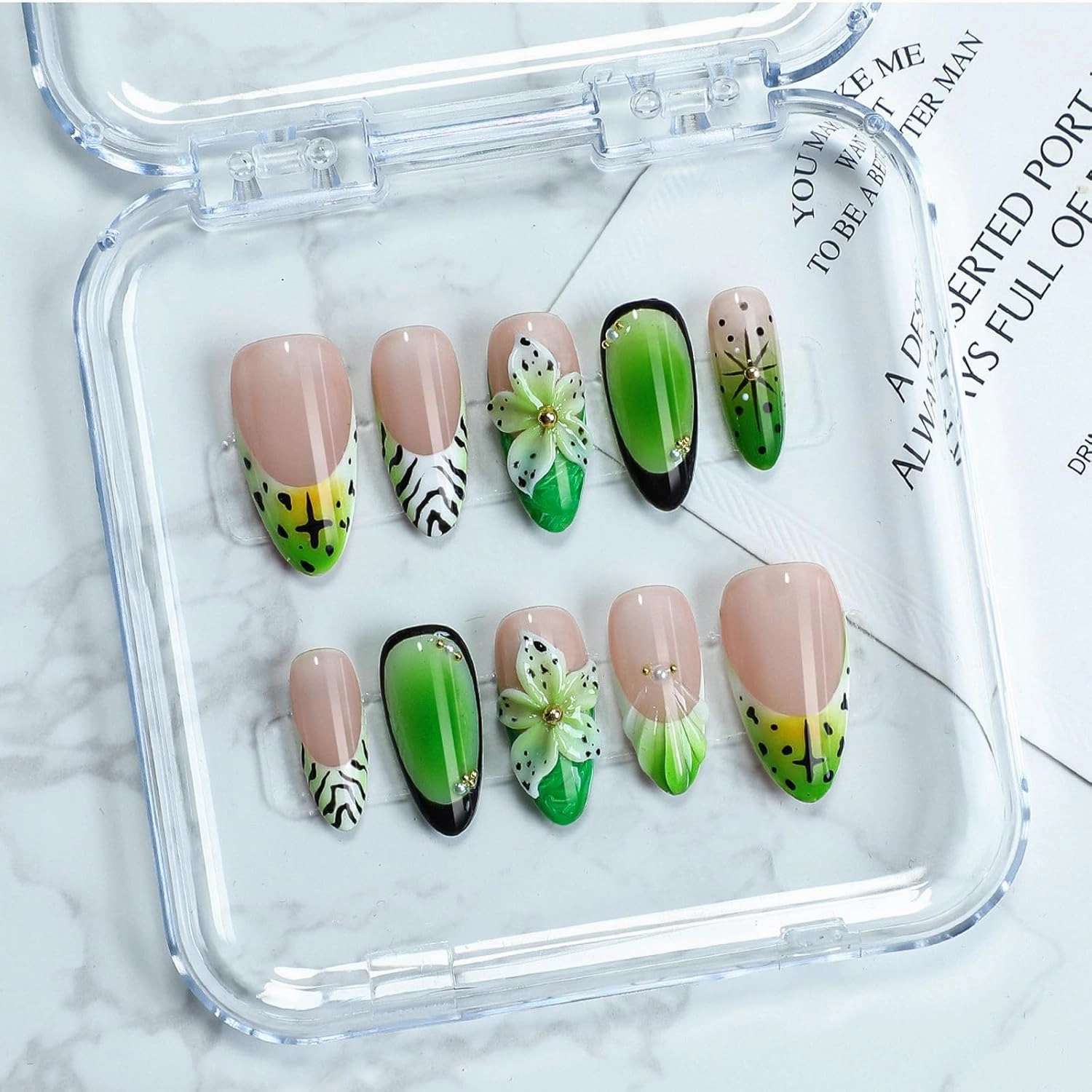 10 Pcs Handmade Press on Nails Medium Thick Fake Nails Green Almond False Nails with 3D Flower Design Luxury Hand-Painted Nails Unique Acrylic Nails Press ons Reusable Glue-Free Nails for Women (S)