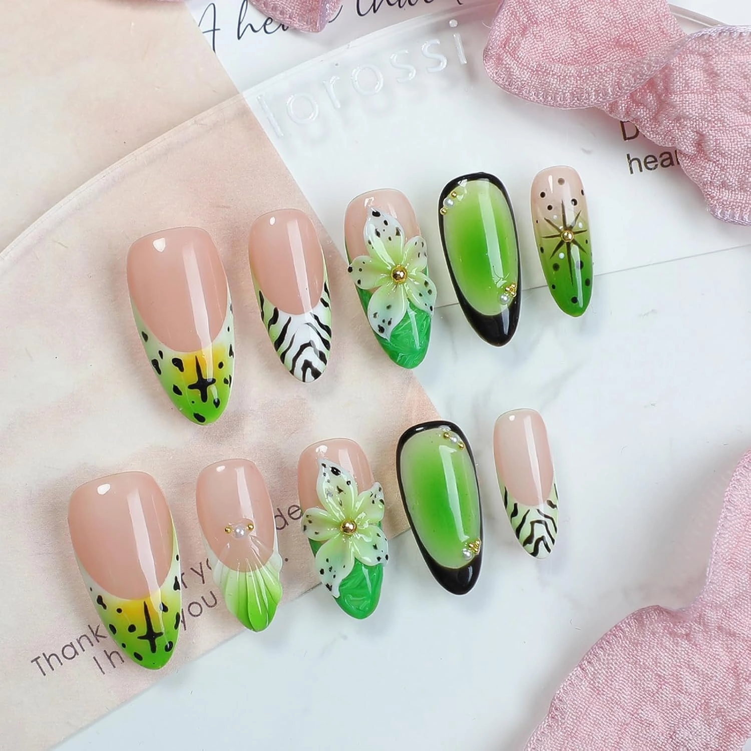 10 Pcs Handmade Press on Nails Medium Thick Fake Nails Green Almond False Nails with 3D Flower Design Luxury Hand-Painted Nails Unique Acrylic Nails Press ons Reusable Glue-Free Nails for Women (S)