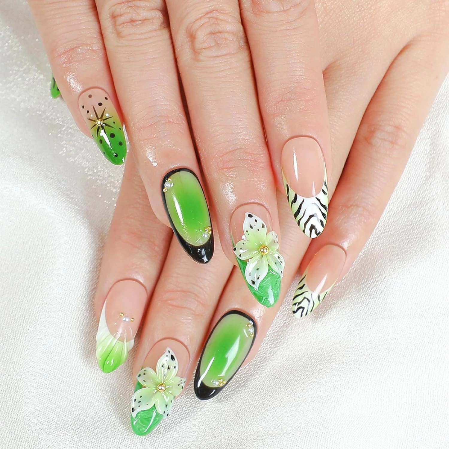 10 Pcs Handmade Press on Nails Medium Thick Fake Nails Green Almond False Nails with 3D Flower Design Luxury Hand-Painted Nails Unique Acrylic Nails Press ons Reusable Glue-Free Nails for Women (S)
