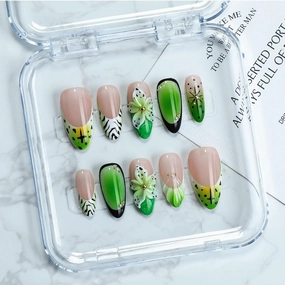 10 Pcs Handmade Press on Nails Medium Thick Fake Nails Green Almond False Nails with 3D Flower Design Luxury Hand-Painted Nails Unique Acrylic Nails Press ons Reusable Glue-Free Nails for Women (S)