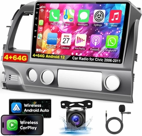 10" Android 13 Car Stereo w/Wireless Carplay Android Auto fit for Honda Civic 2006 2007 2008 2009 2010 2011 Double Din Car Audio Receiver w/WiFi GPS Bluetooth AHD Backup Camera Mic - 4 64G