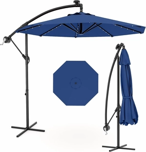 10FT Solar Patio Offset Umbrella With Base Included, Outdoor Cantilever Umbrella Hanging Umbrellas With Weighted Sandbag Base, Market Patio Umbrella for Backyard, Garden & Deck