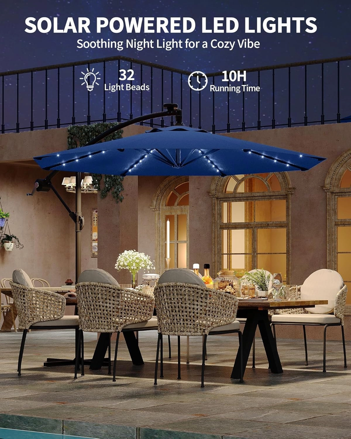 10FT Solar Patio Offset Umbrella With Base Included, Outdoor Cantilever Umbrella Hanging Umbrellas With Weighted Sandbag Base, Market Patio Umbrella for Backyard, Garden & Deck