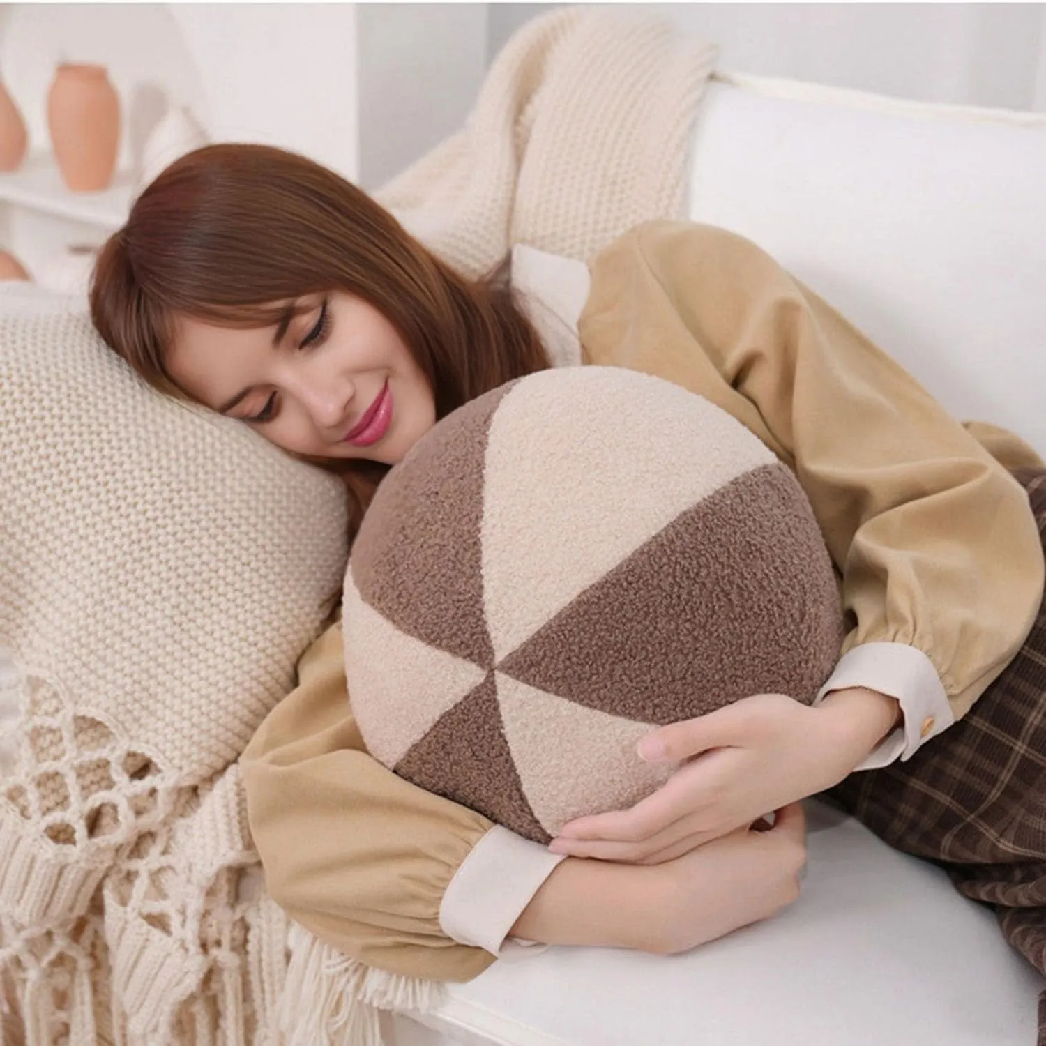 12 Inch Round Hugging Pillow Plush Toy Soft Plushies Throw Pillows Kids' First Plush Toys for Home Decor Or Gift for Kids and Lovers (Cream&Coffee)
