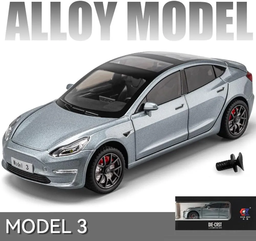 1/24 Model 3 Toy Car for Boys, Zinc Alloy Diecast Metal Model 3 Model Car Pull Back Car Toy Vehicles with Sound and Music, Suitable for Kids Aged 3  as Gifts