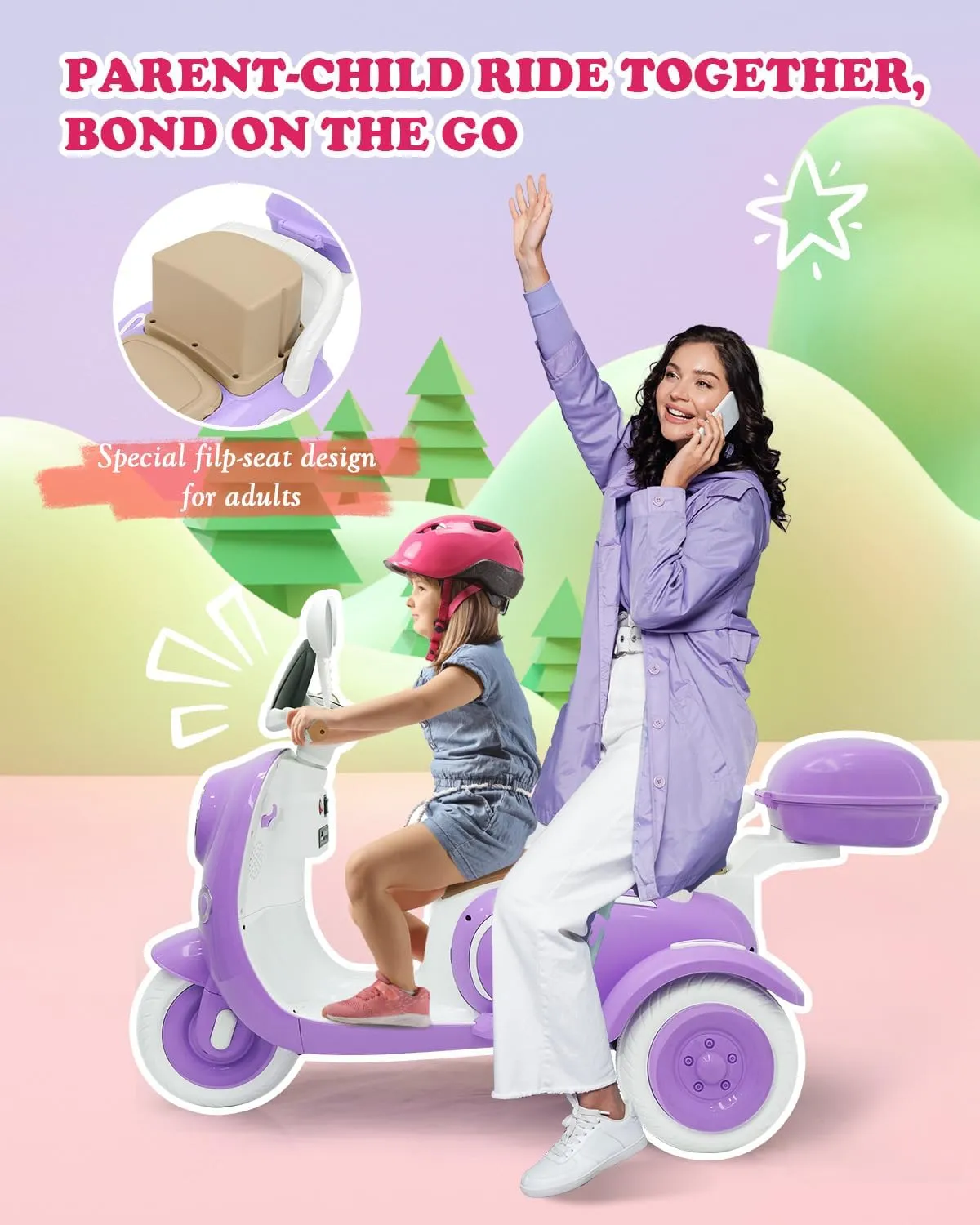 12V 2 Seater Ride on Motorcycle for Kids, Electric Moped Scooter with Storage Box, Music, LED Light, Horn, 2x50W Motors, 60 mins Ride Time, Toddler Ride on Toys for Girls Boys (Purple)