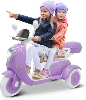 12V 2 Seater Ride on Motorcycle for Kids, Electric Moped Scooter with Storage Box, Music, LED Light, Horn, 2x50W Motors, 60 mins Ride Time, Toddler Ride on Toys for Girls Boys (Purple)