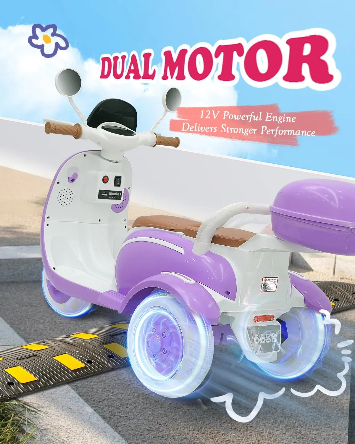 12V 2 Seater Ride on Motorcycle for Kids, Electric Moped Scooter with Storage Box, Music, LED Light, Horn, 2x50W Motors, 60 mins Ride Time, Toddler Ride on Toys for Girls Boys (Purple)