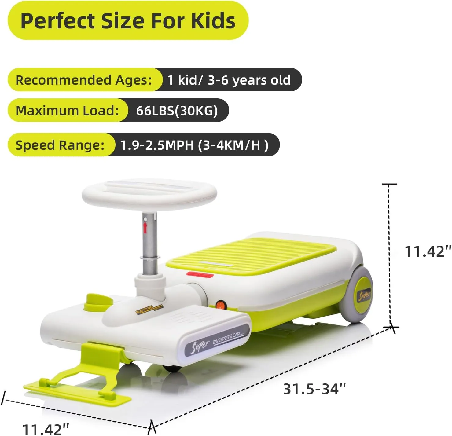 12V Kids Ride on Car with Cleaning Fun, Battery Powered Motorized Electric Cleaning Go Kart for Kids, with Adjustable Length, Detachable Mop, Lights & Music, Kid Clean Car, Indoor/Outdoor Use,Green