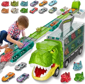 13 in 1 Dinosaur Toys Car for Kids, Dinosaur Transport Truck Track Set，Toddler Boy Toys Age 2-4 1-3，Birthday Gifts Toy for 3 4 5 6  Year Old Boy，Foldable Track & Race Mode W/ 6 Dino Car & 6 Race Car