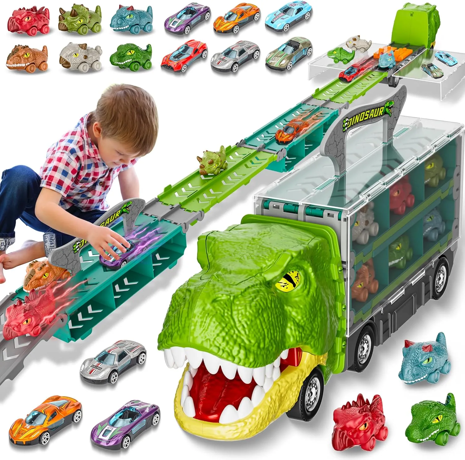 13 in 1 Dinosaur Toys Car for Kids, Dinosaur Transport Truck Track Set，Toddler Boy Toys Age 2-4 1-3，Birthday Gifts Toy for 3 4 5 6  Year Old Boy，Foldable Track & Race Mode W/ 6 Dino Car & 6 Race Car