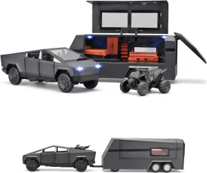1/32 PickTruck Toy for Kids, Pickup Trailer RV Model Kit with Beach Motorcycle, Diecast Metal RV Car Model Pickup Truck Toy with Sound/Light/Pull Back Power, Ideal Gift for Boys Aged 6 and Up (Grey)