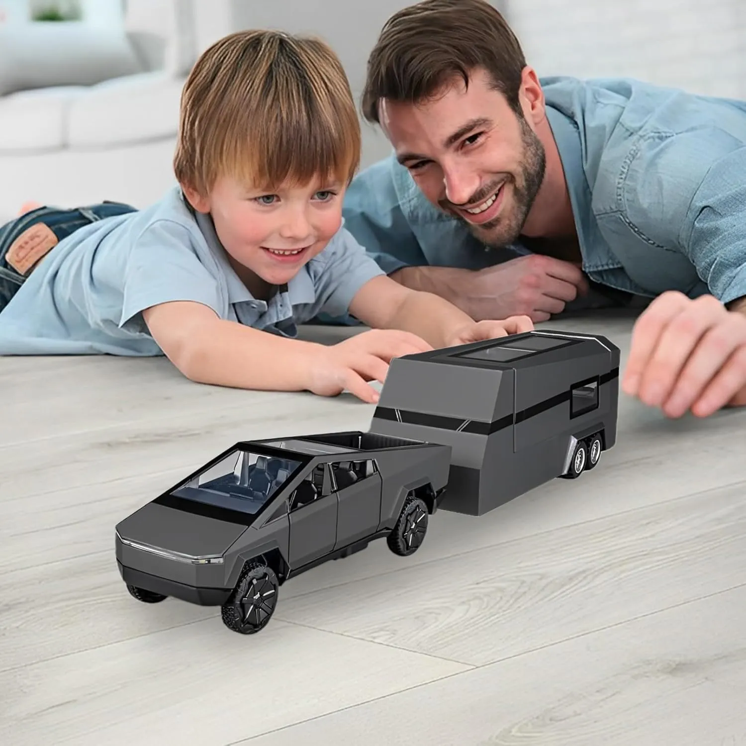 1/32 PickTruck Toy for Kids, Pickup Trailer RV Model Kit with Beach Motorcycle, Diecast Metal RV Car Model Pickup Truck Toy with Sound/Light/Pull Back Power, Ideal Gift for Boys Aged 6 and Up (Grey)