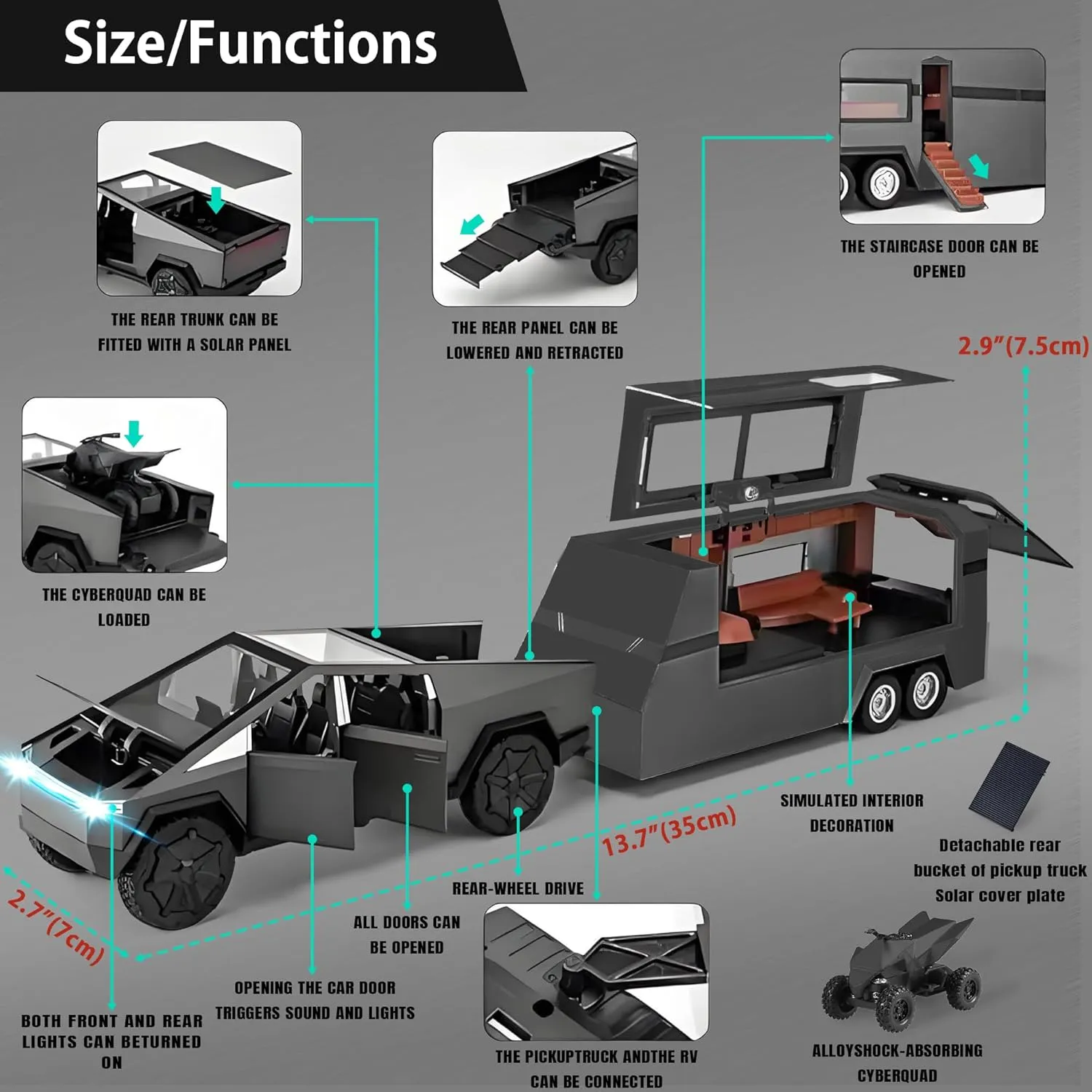 1/32 PickTruck Toy for Kids, Pickup Trailer RV Model Kit with Beach Motorcycle, Diecast Metal RV Car Model Pickup Truck Toy with Sound/Light/Pull Back Power, Ideal Gift for Boys Aged 6 and Up (Grey)
