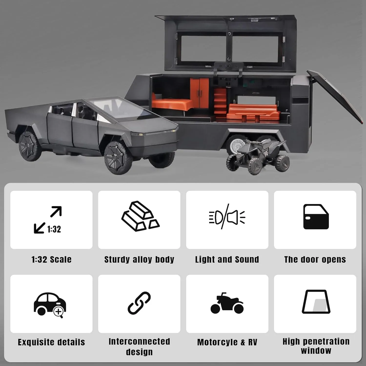 1/32 PickTruck Toy for Kids, Pickup Trailer RV Model Kit with Beach Motorcycle, Diecast Metal RV Car Model Pickup Truck Toy with Sound/Light/Pull Back Power, Ideal Gift for Boys Aged 6 and Up (Grey)