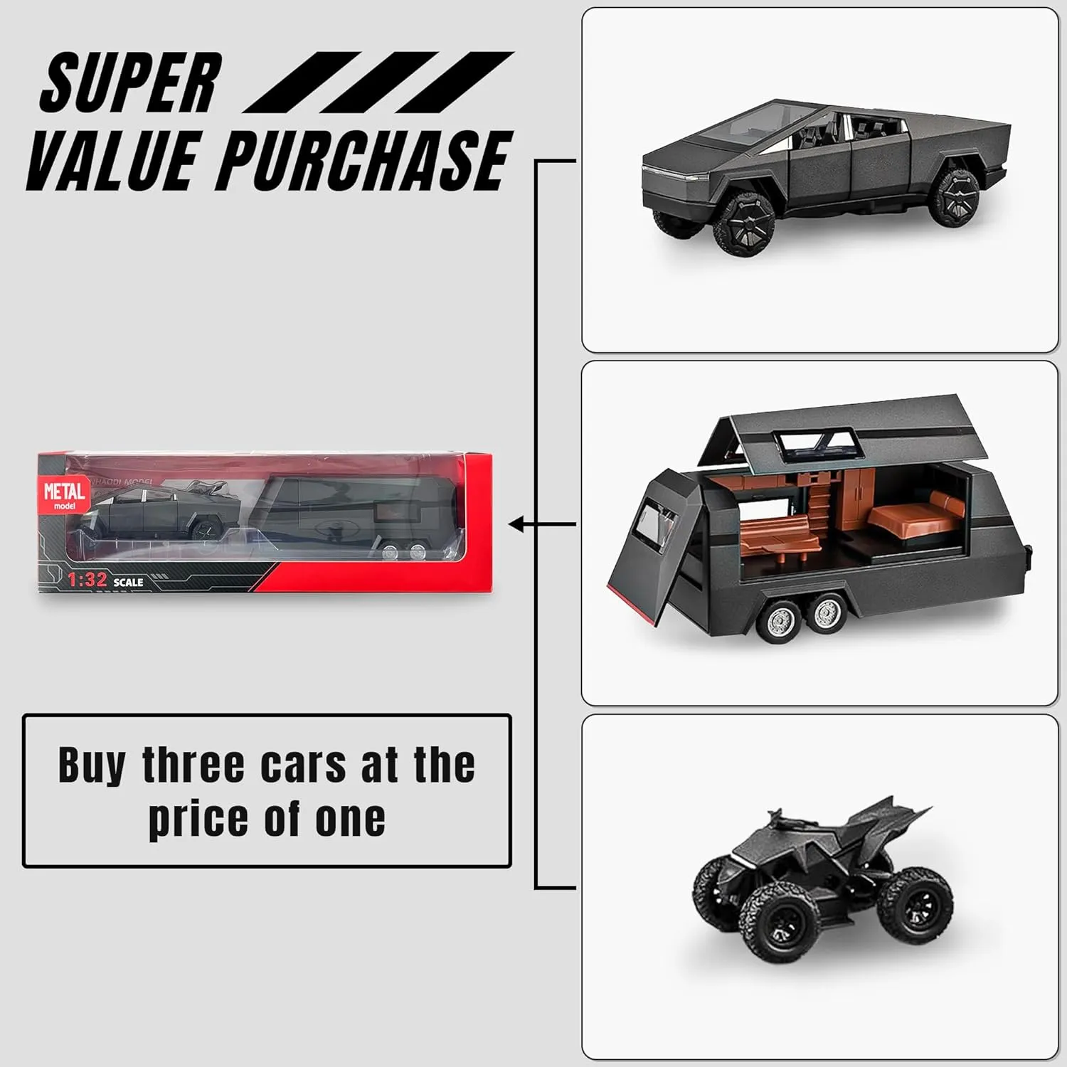 1/32 PickTruck Toy for Kids, Pickup Trailer RV Model Kit with Beach Motorcycle, Diecast Metal RV Car Model Pickup Truck Toy with Sound/Light/Pull Back Power, Ideal Gift for Boys Aged 6 and Up (Grey)