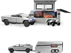 1/32 PickTruck Toy for Kids, Pickup Trailer RV Model Kit with Beach Motorcycle, Diecast Metal RV Car Model Pickup Truck Toy with Sound/Light/Pull Back Power, Ideal Gift for Boys Aged 6 and Up (Silver)