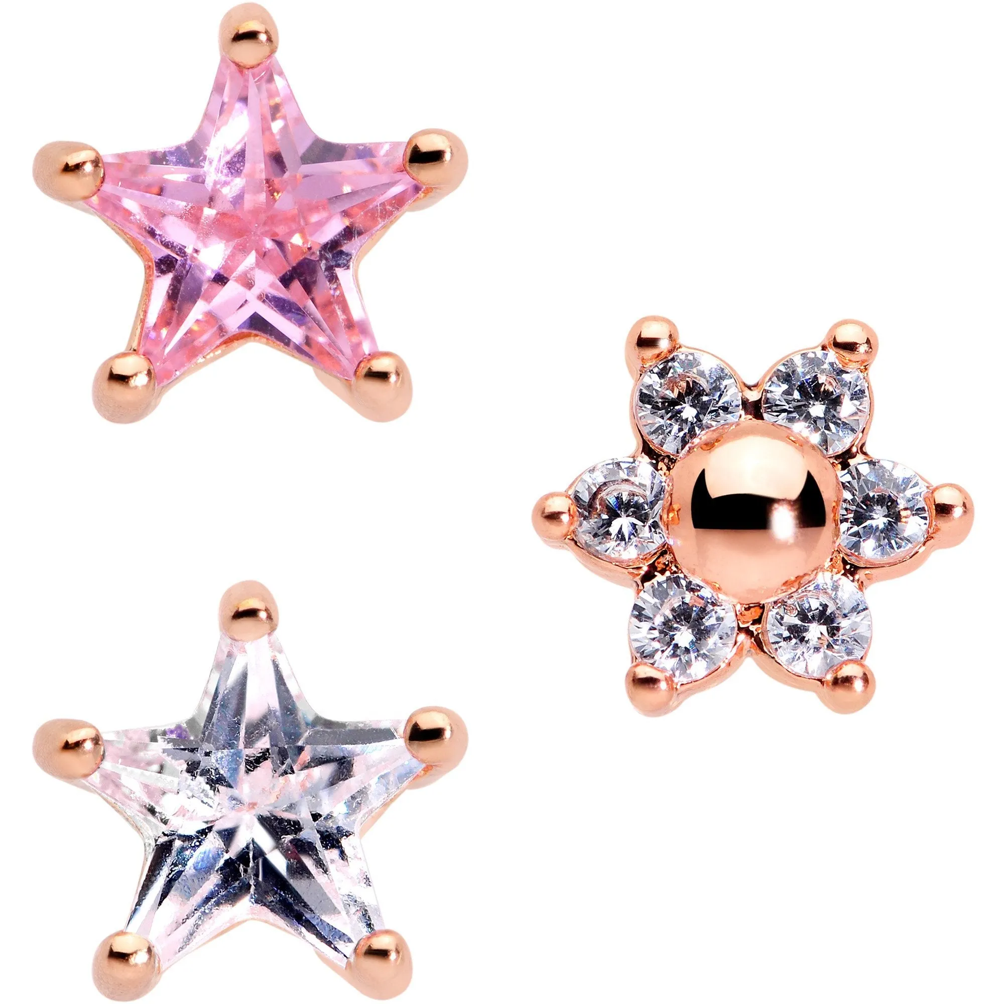 16 Gauge 1/4 Pink Clear CZ Gem Rose Gold Tone Star Tragus Set of 3