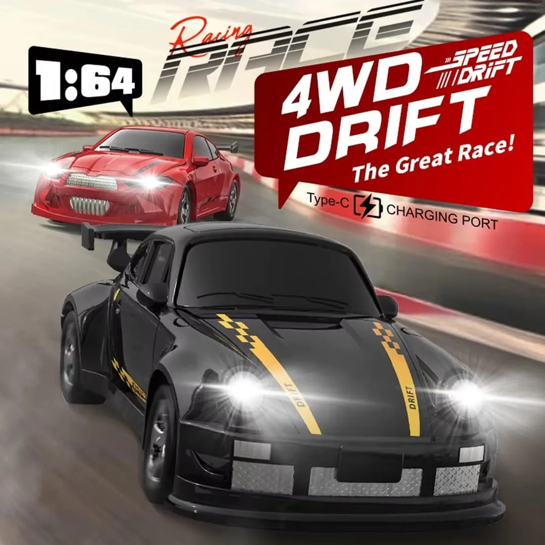 1/64 Scale RC Drift Car for Adults, 2.4G 4WD Full-Scale Remote Control Car, Mini GTR Drift Racing Model with High Speed