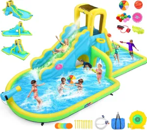 16.4x10 FT Inflatable Water Slide for Kids, 13-in-1 Blow Up Waterpark w/Long Slide & Tunnel, Obstacle Door, Splash Pool, Climbing Wall, Basketball Rim, Water Cannon - 6 Water Toys & Inflatable Balls