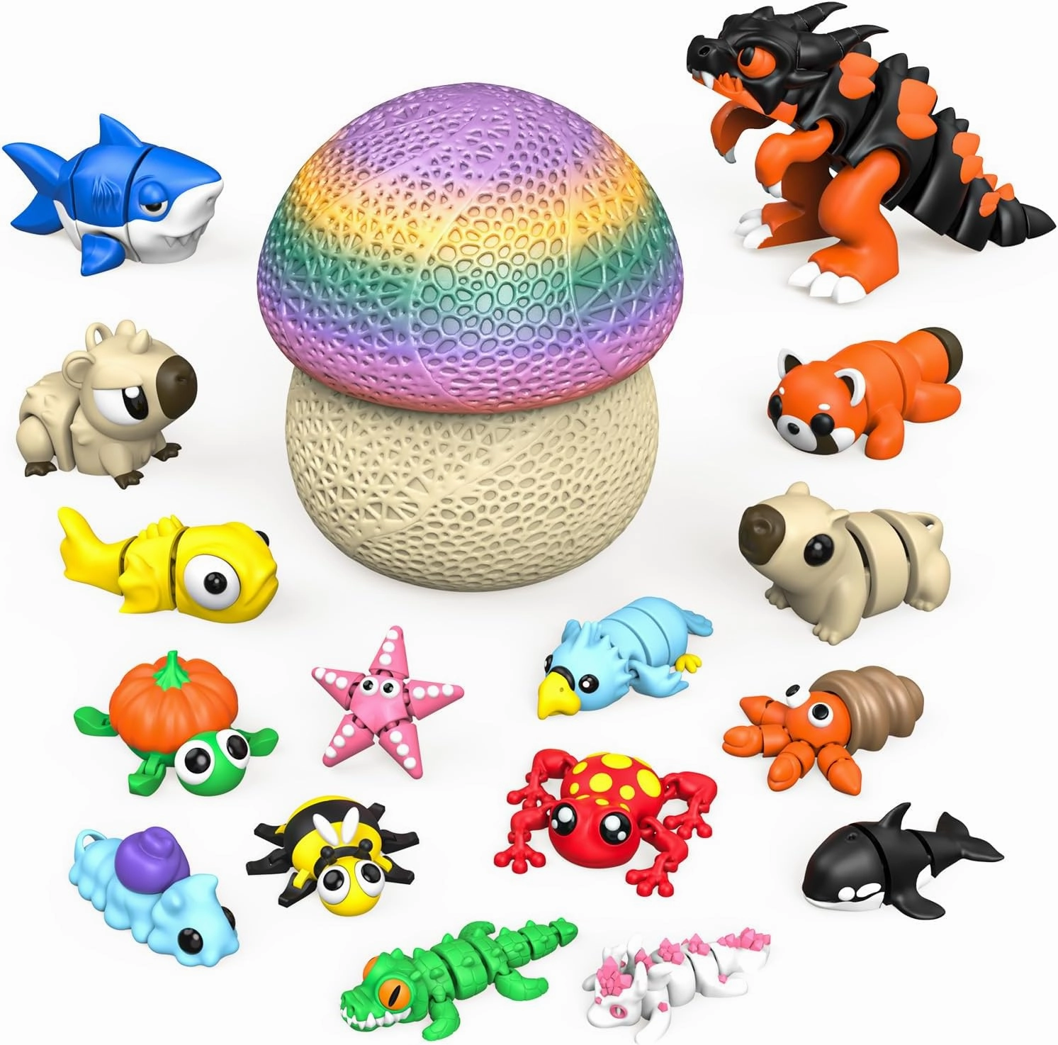 17PCS 3D Printed Animal Figurines Set with Mushroom Container - 16 Unique Articulated Animals, Fidget Toys for Stress Relief, Party Favors, Desk Decor & Gifts for Kids & Adults (17PCS Colour)