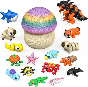 17PCS 3D Printed Animal Figurines Set with Mushroom Container - 16 Unique Articulated Animals, Fidget Toys for Stress Relief, Party Favors, Desk Decor & Gifts for Kids & Adults (17PCS Colour)
