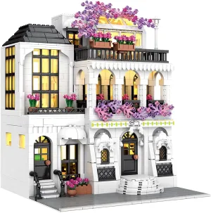 1868Pcs City Street View European Flower Garden Bricks Model with Light Set, MOC Creative DIY Simulation Architecture Small Particle Construction Collection Building Toy, 24 x 32cm