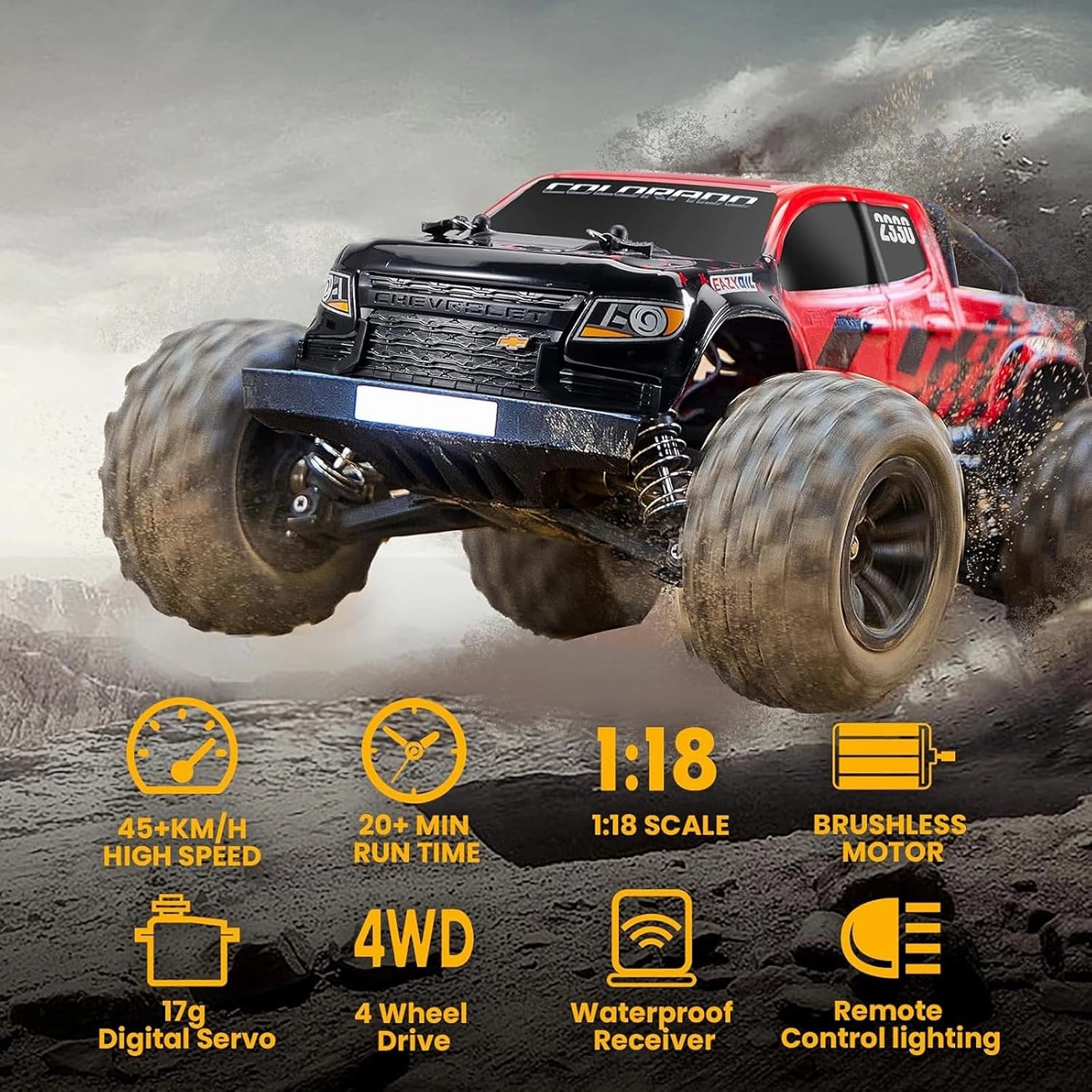 1/18 Brushless Fast RC Cars for Adults, 1/18 Chevrolet Colorado 4X4 Offroad RC Truck, RTR High Speed 45 km/h Hobby Electric RC Monster Trucks,2 Speed Transmission RC Car for Gift(Black)