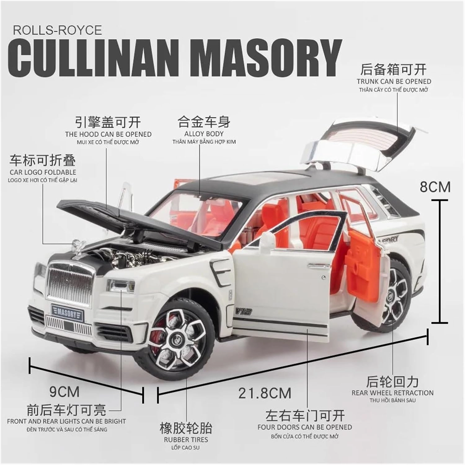1 24 for Rolls Royce Cullinan MASORY SUV Alloy Luxy Car Model Diecasts Metal Toy Car Model Sound and Light Gift Simulation Vehicle Playset(Black)