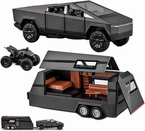 1/32 Pickup Trailer RV Model Kit, Off-Road Vehicle Alloy,Car Model Diecast Metal Toy,Truck Model Simulation Sound Light,Gifts for boy Girl. (with RV All Black-A)