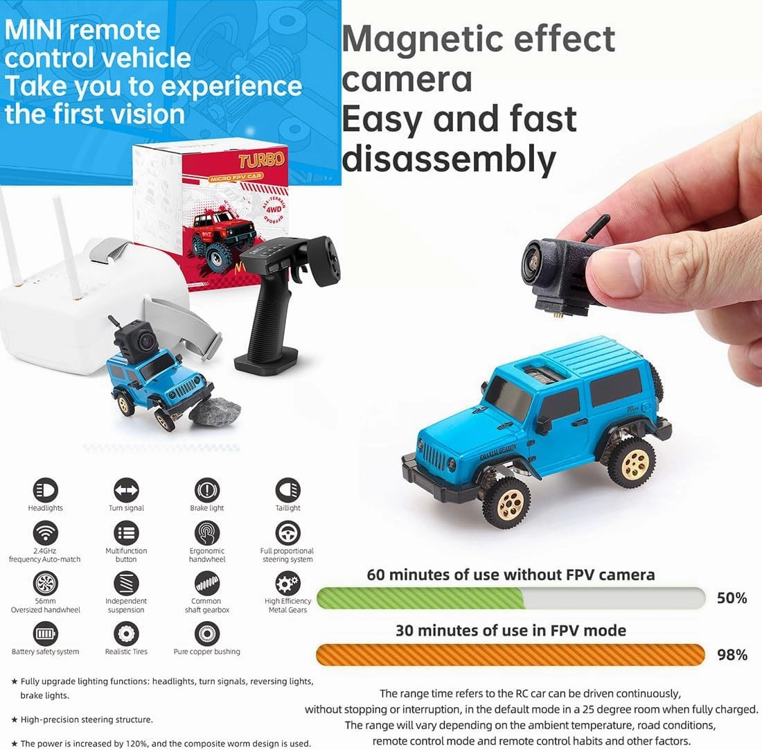 1/64 Scale RC Mini Drift Car with FPV Camera, 2.4G Romote Control Off-Road Climbing Car, 4WD Electric Racing Vehicle Model with LED Gift for Adult (RTR FPV Goggles Version)