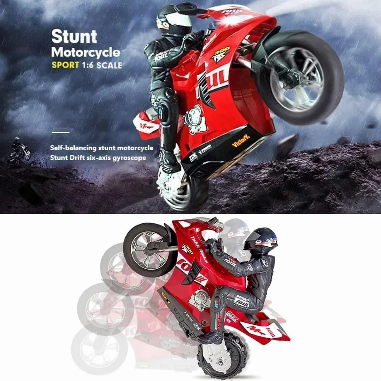 1/6 RC Stunt HC-208 Motorcycle Model 2.4GHz Alloy Racing for Adult Radio Controlled Car (Red-HC-208)