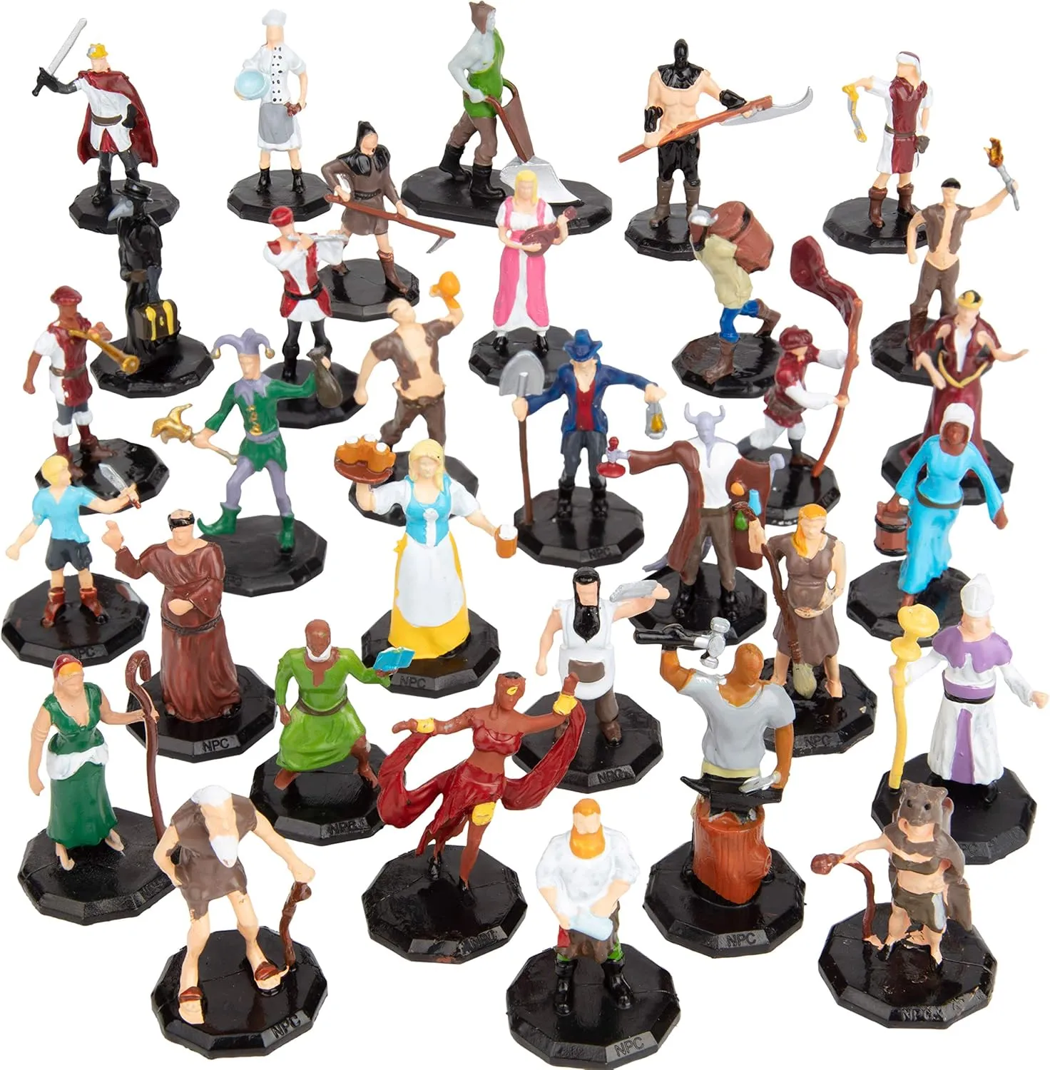 1" Hex Townsfolk Mini Fantasy Figures Set - 32 Unique Non Player Characters NPC - Nobility, Merchants, Peasants, Entertainers, Compatible w DND Dungeons Dragons Pathfinder RPG Games