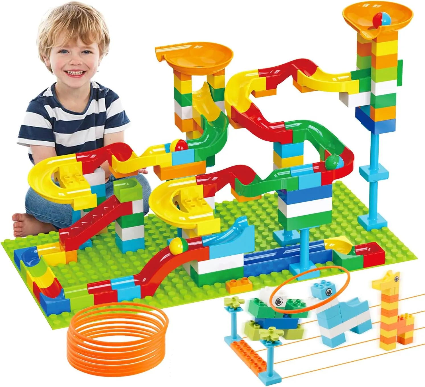 2-in-1 Kids Toys - Marble Run Building Blocks for 2 3 4 5 6 7   Year Old Boys Girls Toddlers Upgrade Classic Big Bricks Toss Ring Games Compatible with All Major Brands for Christmas Birthday