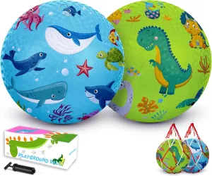 2 Pack Cartoon Kickball Set, 8.5 Inch Toddler Playground Balls, Bouncy Balls Ball for Kids Ages 3 and Up Gift, Dodgeballs Includes Pump and Storage Bag, Outdoor & Indoor Games Toy Balls for Toddlers