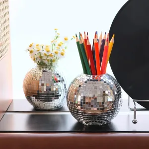 2 Pack Disco Ball Pen Holder & Makeup Brush Organizer, Multi-functional Disco Vase, Decor for Office Study Bathroom Bedroom - 4 inches