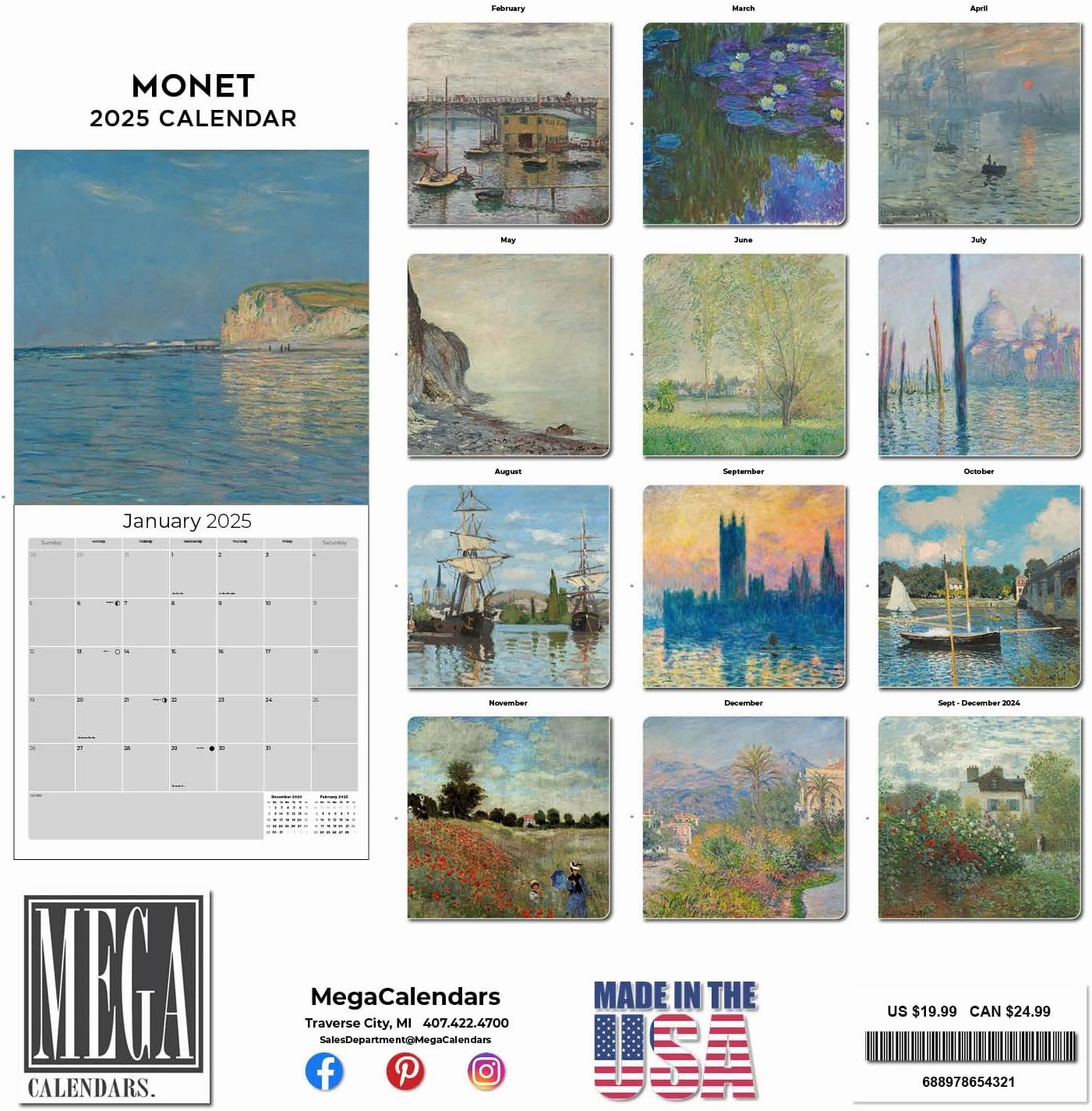 2024 2025 Claude Monet Calendar - Fine Art Monthly Wall Calendar - 12 x 24 Open - Thick No-Bleed Paper - Giftable - Academic Teacher's Planner Calendar Organizing & Planning - Made in USA