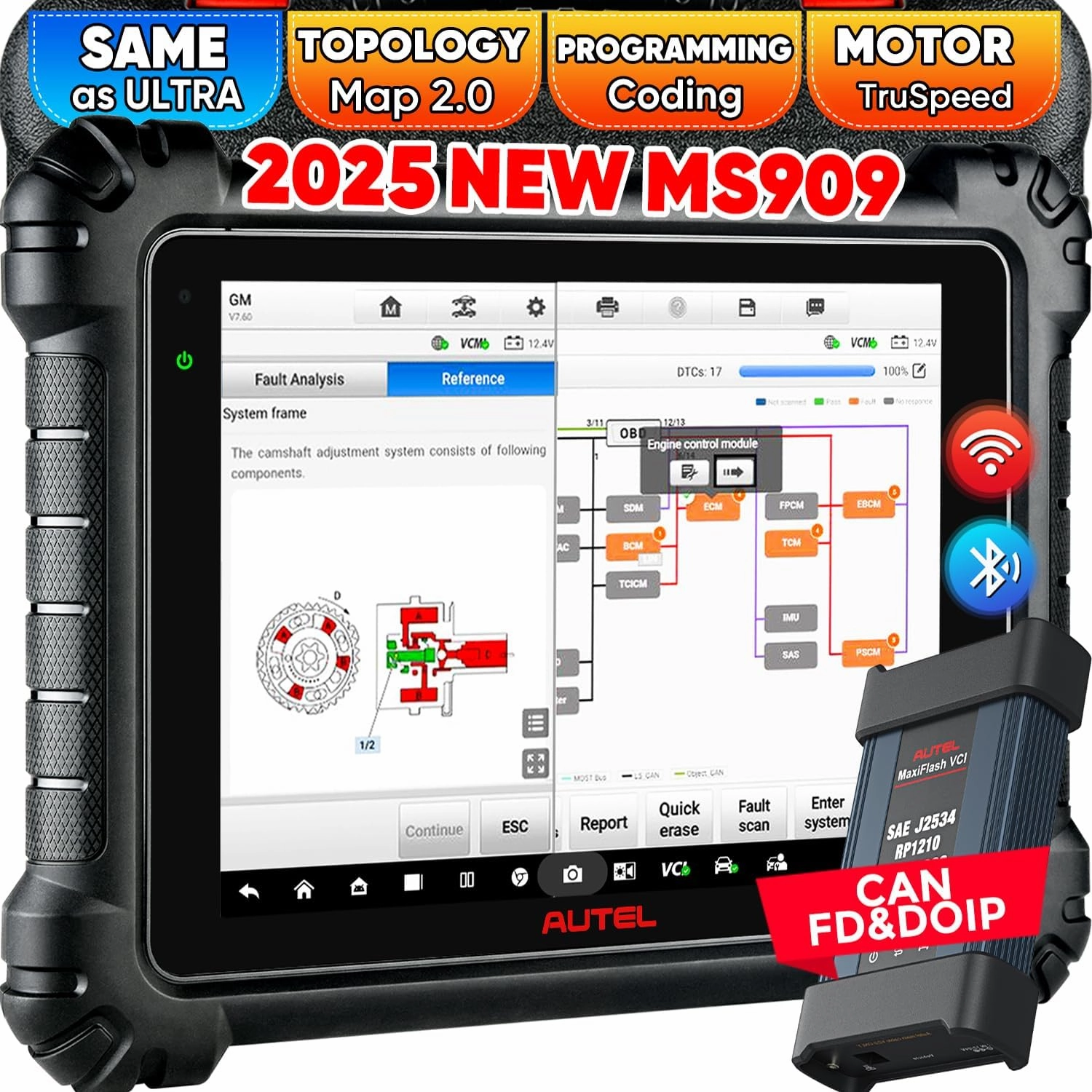 2025 Autel Scanner MaxiSYS MS909, Same as MSUltra MS919, Intelligent Scan Tool & Topology 2.0, J2534 ECU Programming Coding, 40  Reset 3K  Active Test, Motor TruSpeed, Up of Elite II Pro MS908S PRO II