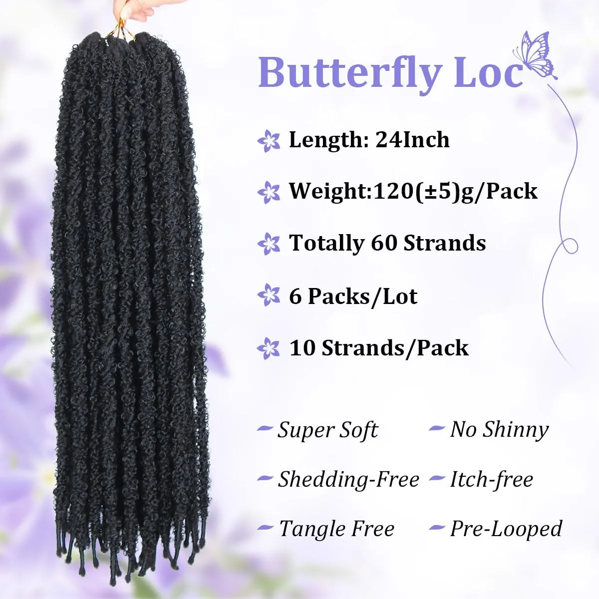 24 inch 6 Packs Distressed Butterfly Locs Crochet Hair, Soft Big Butterfly Distressed Locs Crochet Hair Synthetic Fluffy Soft Locs Crochet Braids Hair Extensions (Black)