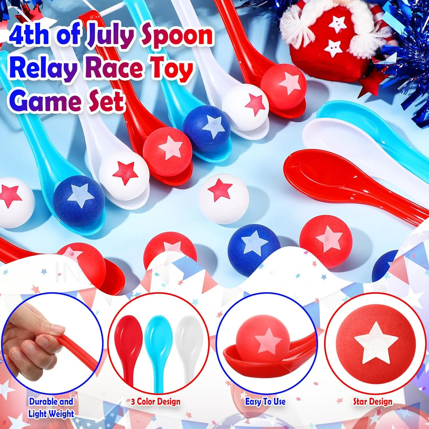 24 Pack 4th of July Spoon Relay Race Toy Set for Boys Girls, Patriotic Star Ball and Spoon Race Game for Independence Day Memorial Day Indoor Outdoor Party Game Supplies (Red, Blue, White)
