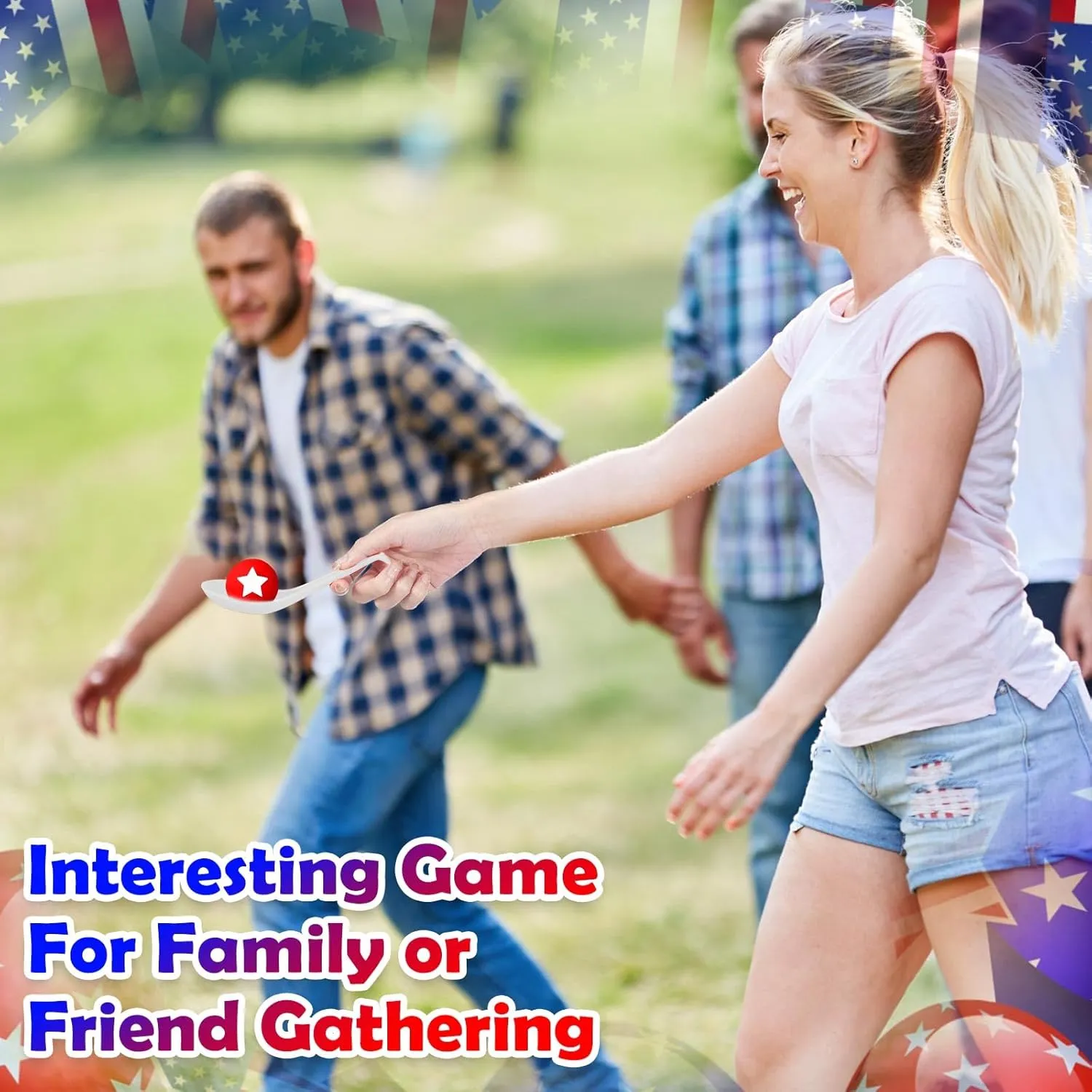24 Pack 4th of July Spoon Relay Race Toy Set for Boys Girls, Patriotic Star Ball and Spoon Race Game for Independence Day Memorial Day Indoor Outdoor Party Game Supplies (Red, Blue, White)