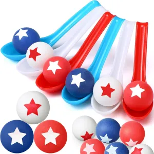 24 Pack 4th of July Spoon Relay Race Toy Set for Boys Girls, Patriotic Star Ball and Spoon Race Game for Independence Day Memorial Day Indoor Outdoor Party Game Supplies (Red, Blue, White)