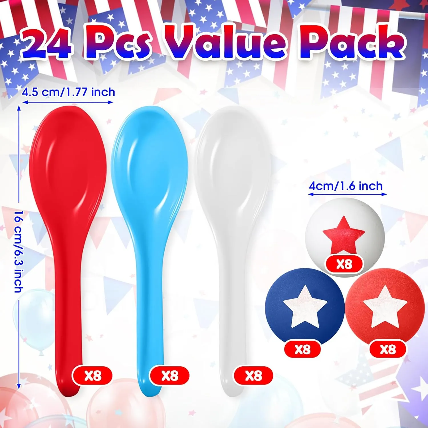 24 Pack 4th of July Spoon Relay Race Toy Set for Boys Girls, Patriotic Star Ball and Spoon Race Game for Independence Day Memorial Day Indoor Outdoor Party Game Supplies (Red, Blue, White)