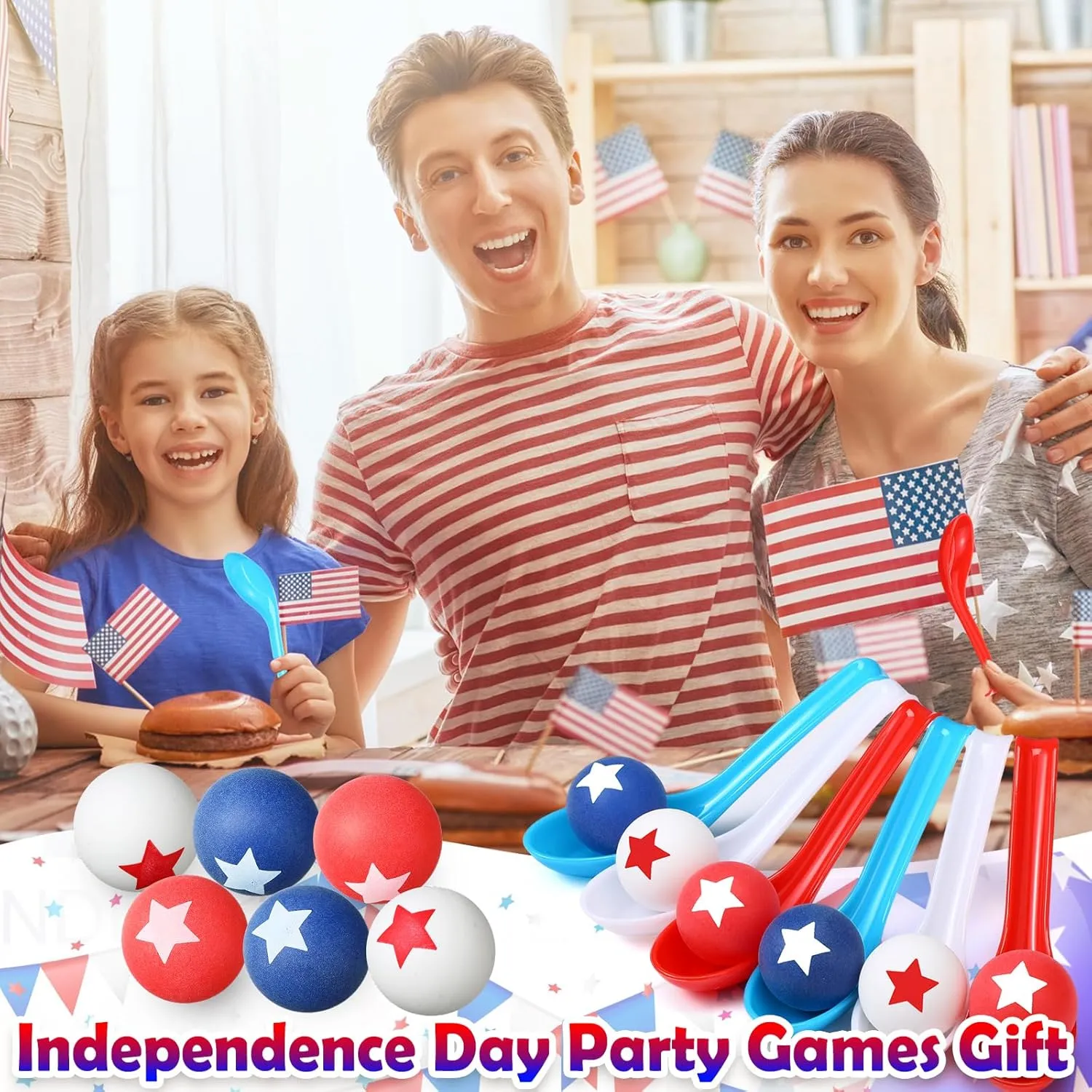 24 Pack 4th of July Spoon Relay Race Toy Set for Boys Girls, Patriotic Star Ball and Spoon Race Game for Independence Day Memorial Day Indoor Outdoor Party Game Supplies (Red, Blue, White)